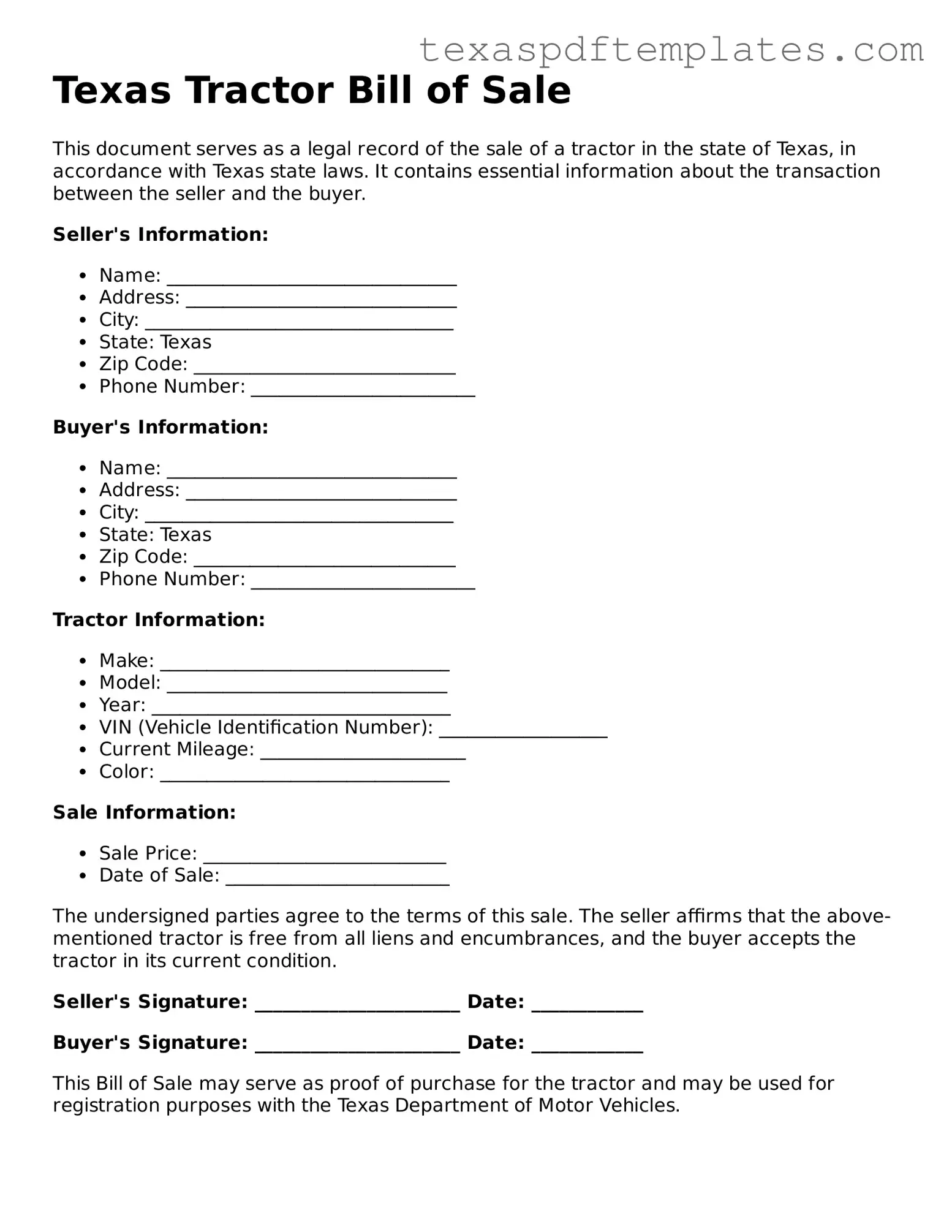 Attorney-Approved Texas Tractor Bill of Sale Template