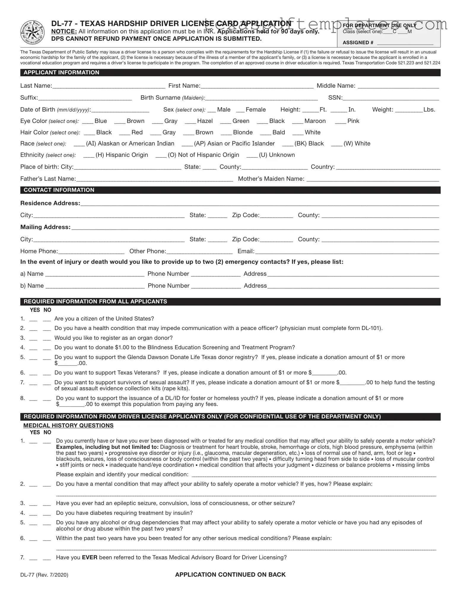 Blank Texas From Dl 77 PDF Template