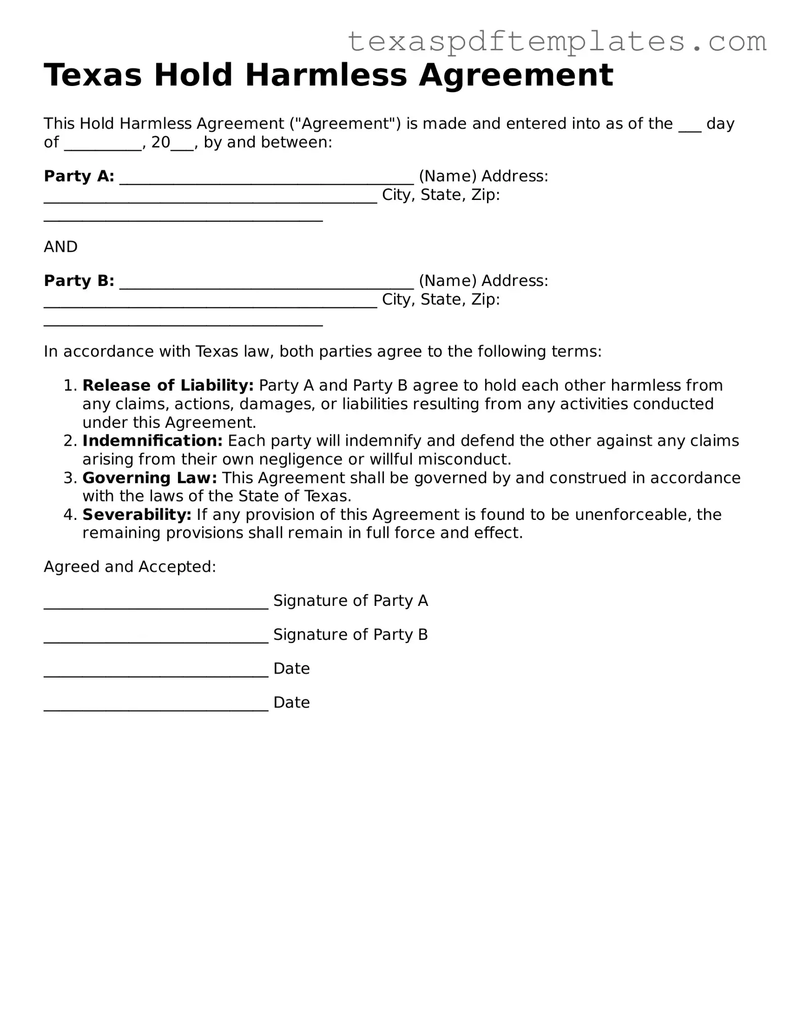 Attorney-Approved Texas Hold Harmless Agreement Template