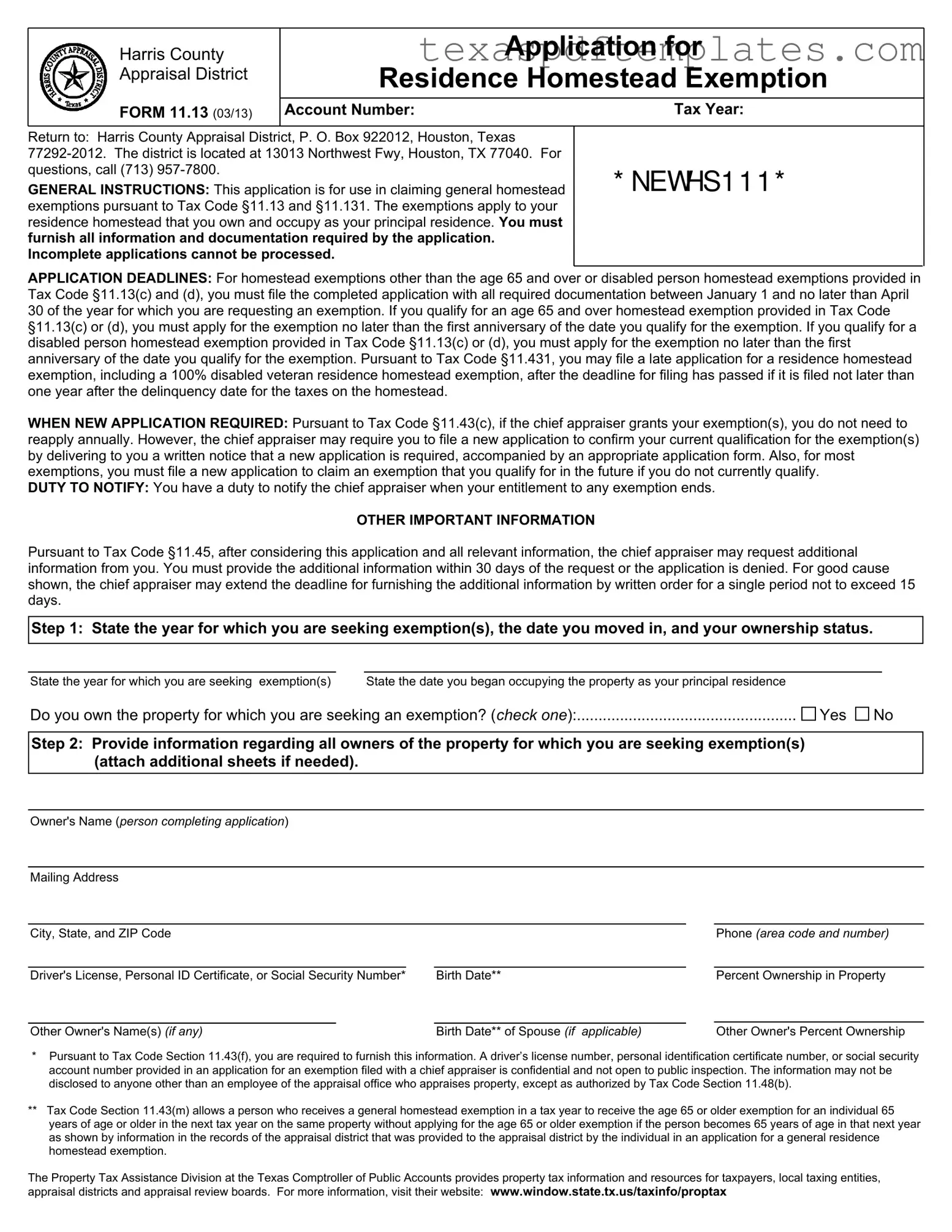 Blank Texas Homestead Exemption PDF Template
