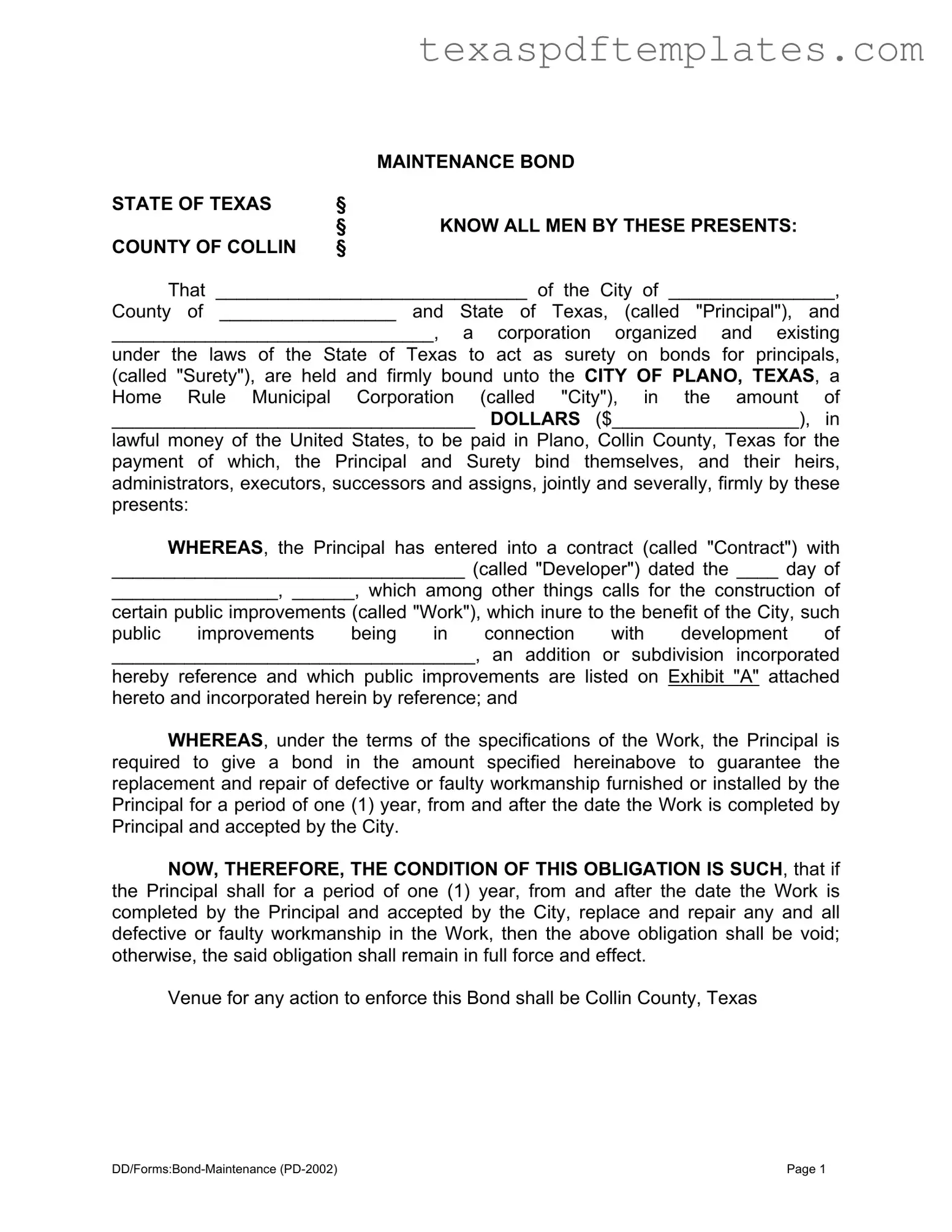 Blank Texas Maintenance Bond PDF Template