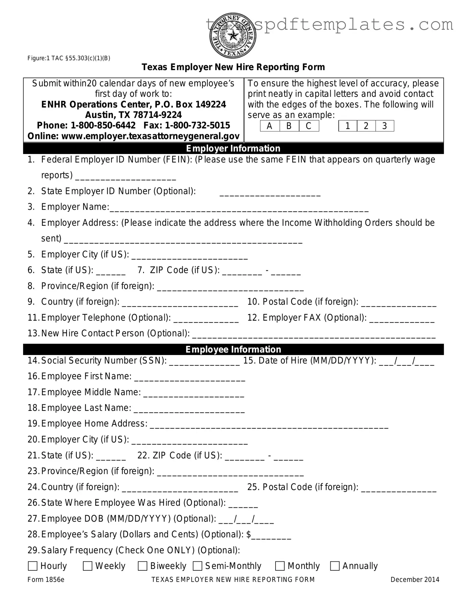 Blank Texas New Hire Reporting PDF Template