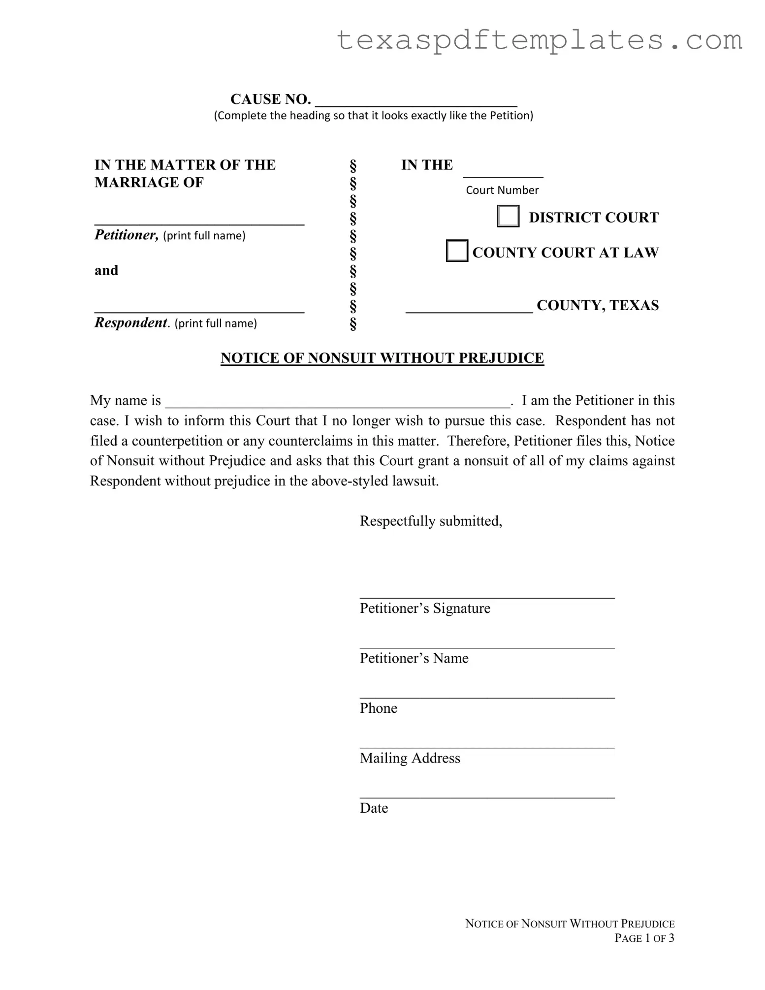 Blank Texas Notice Of Nonsuit PDF Template