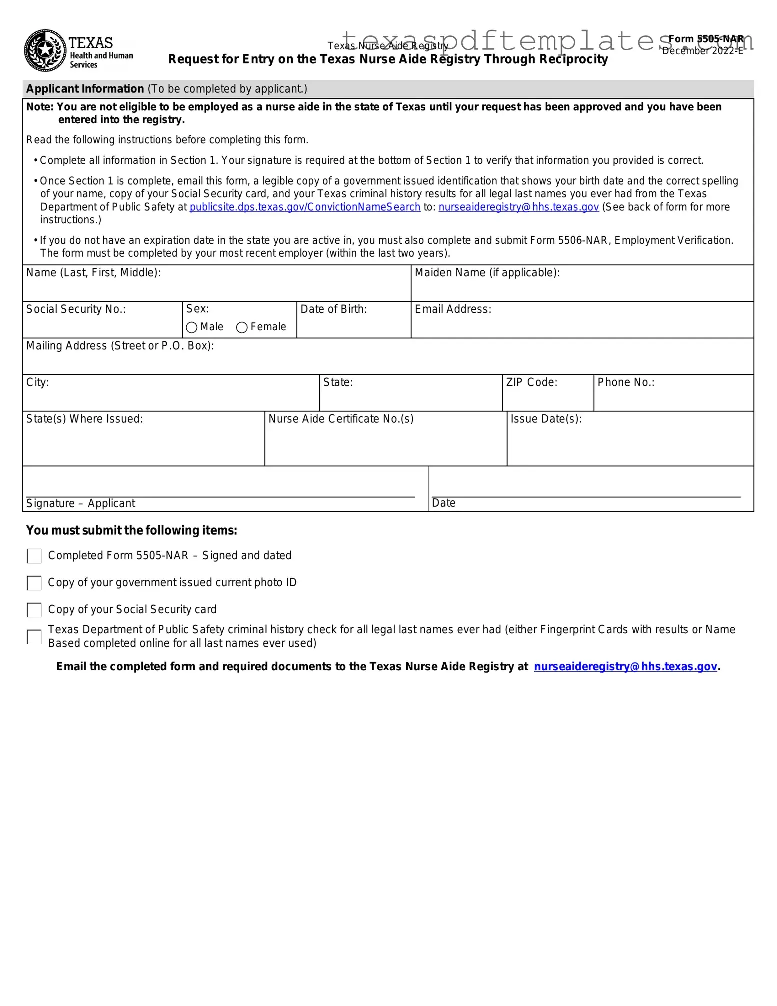 Blank Texas Nurse Aide Registry 5505-NAR PDF Template