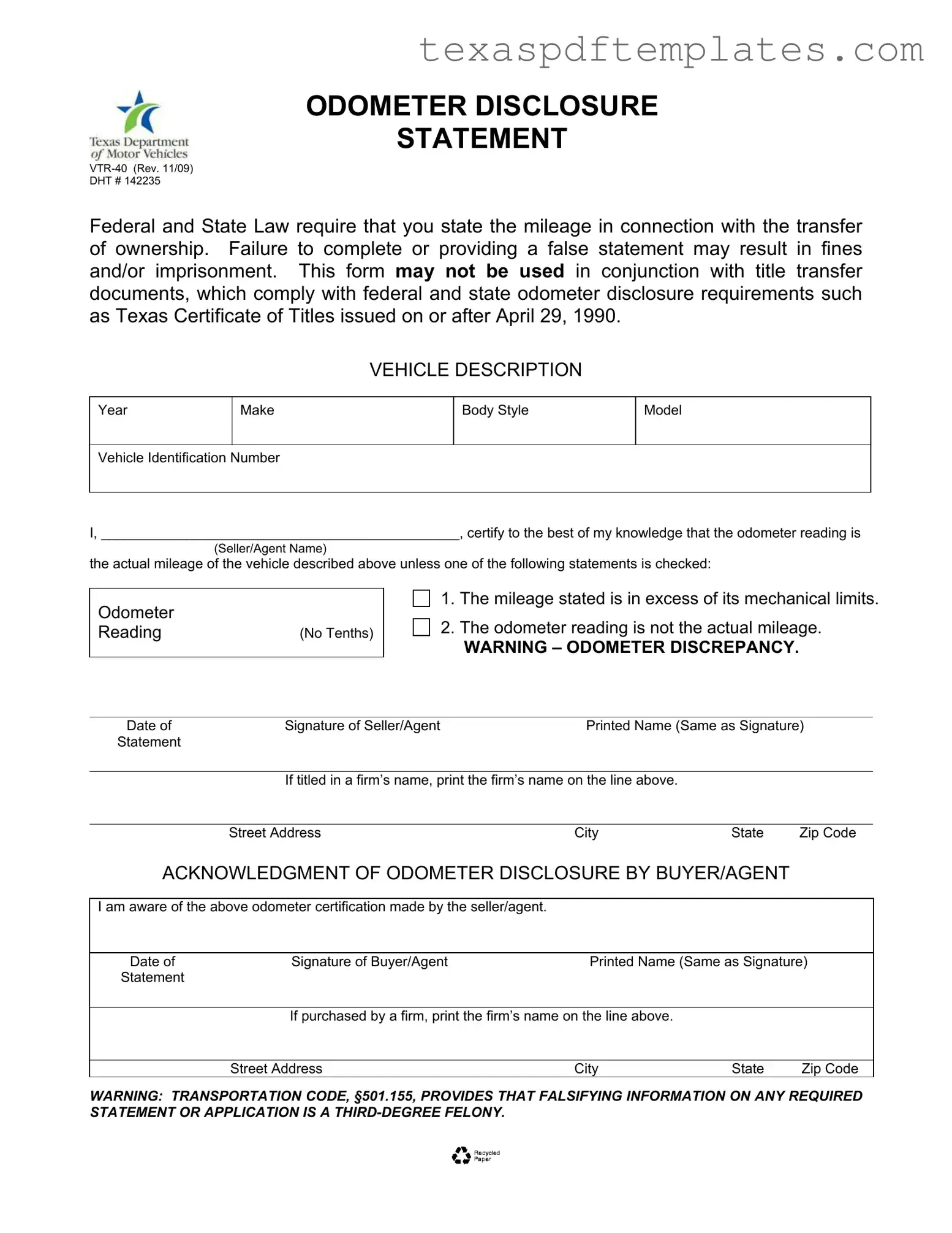 Blank Texas Odometer Statement PDF Template