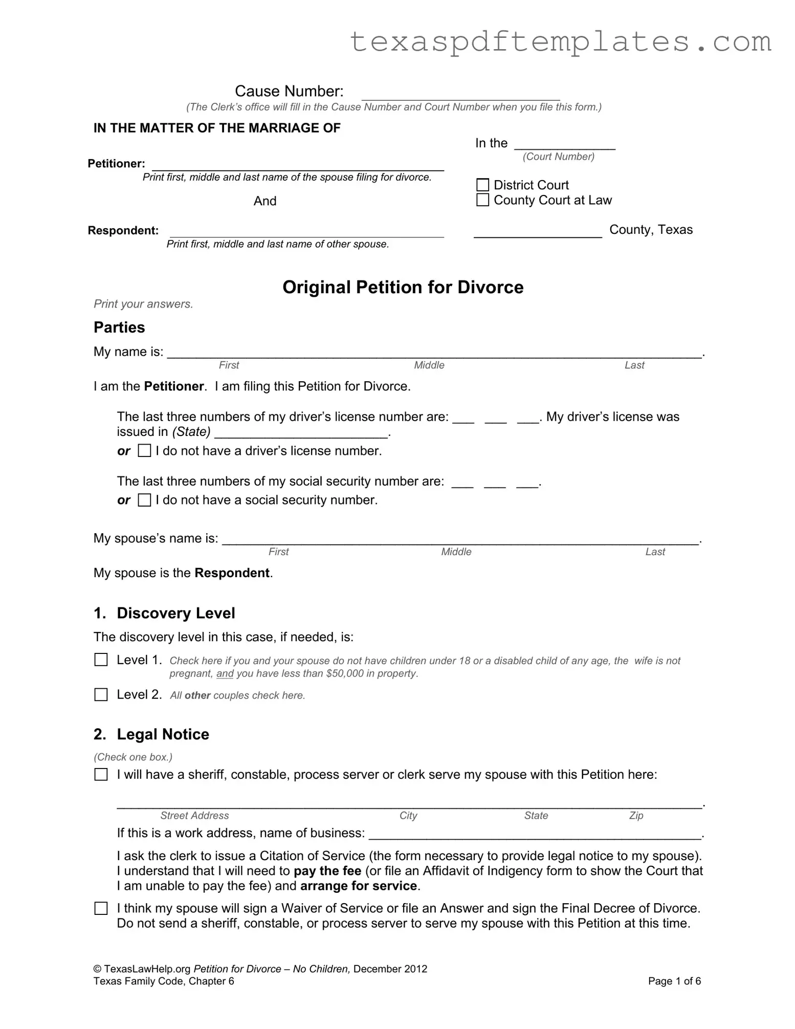 Blank Texas Original Petition Divorce PDF Template
