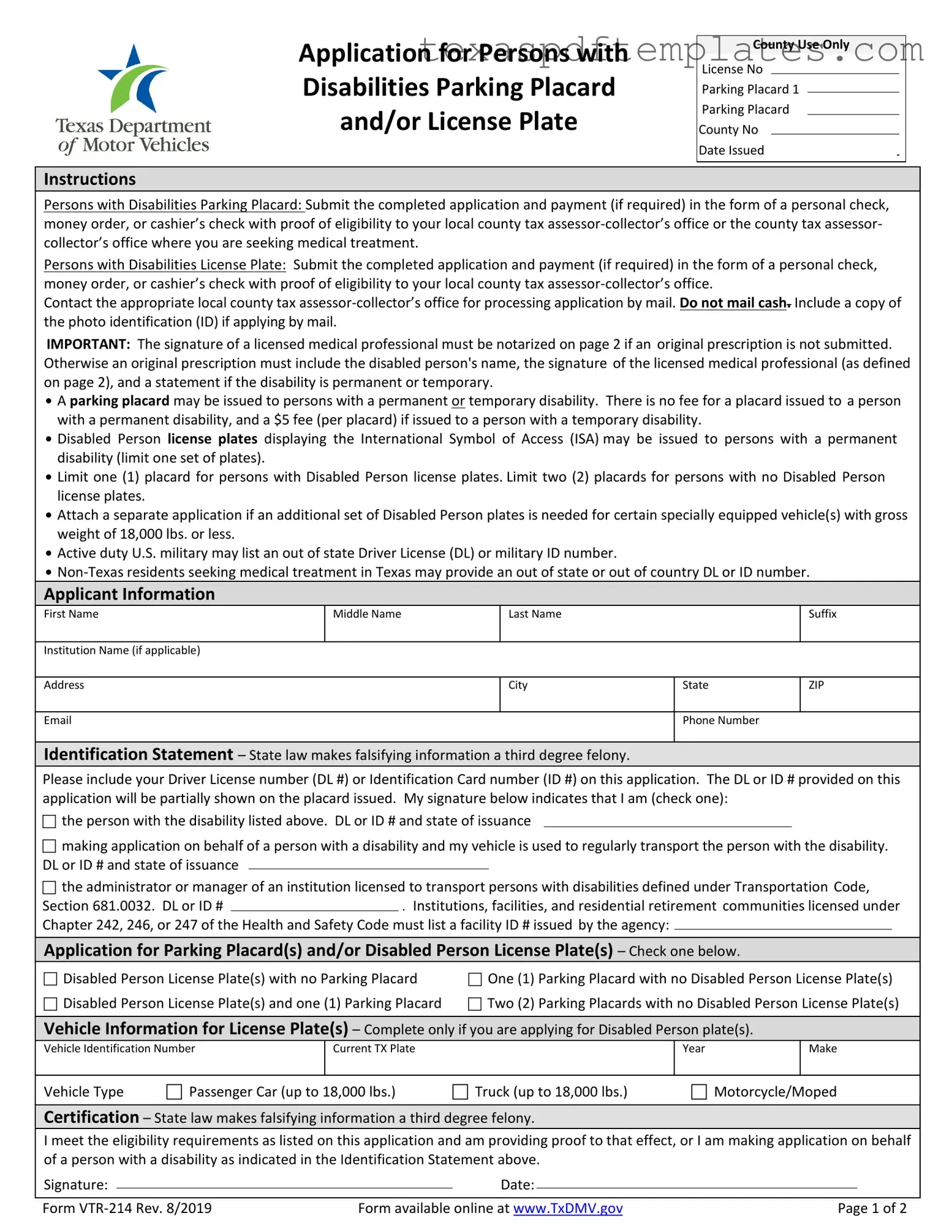 Blank Texas Parking Vtr 214 PDF Template