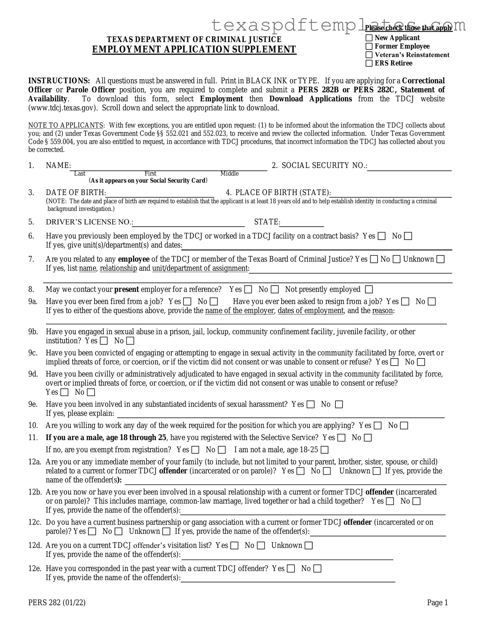 Blank Texas Pers 282 PDF Template