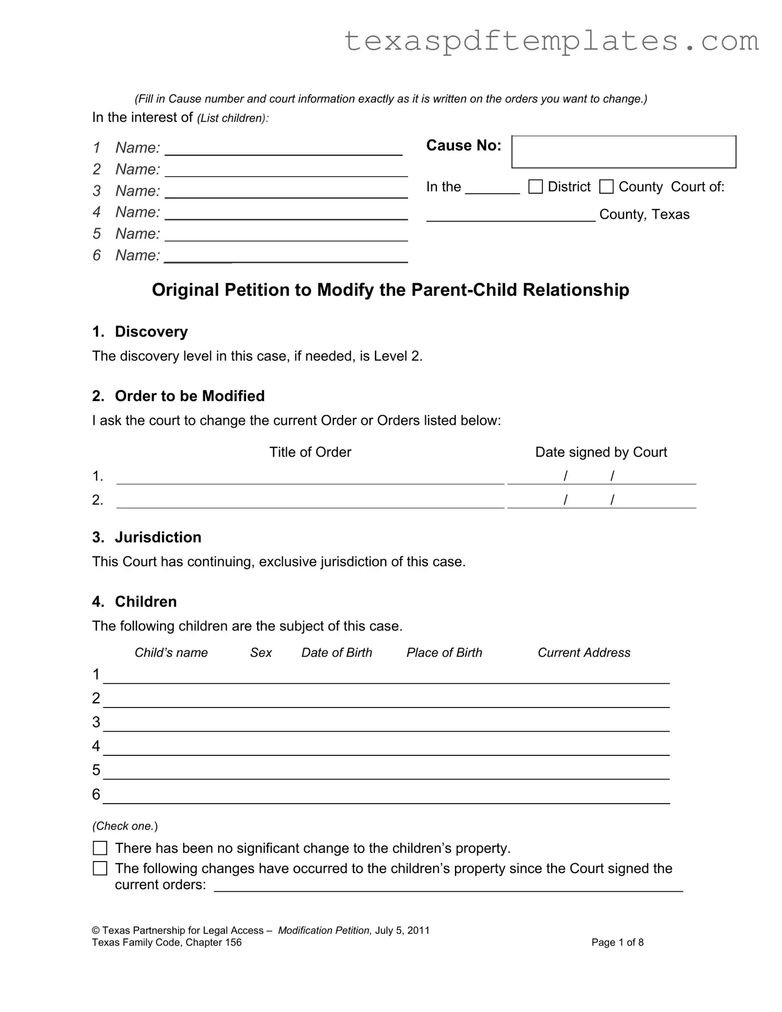 Blank Texas Petition Modify PDF Template
