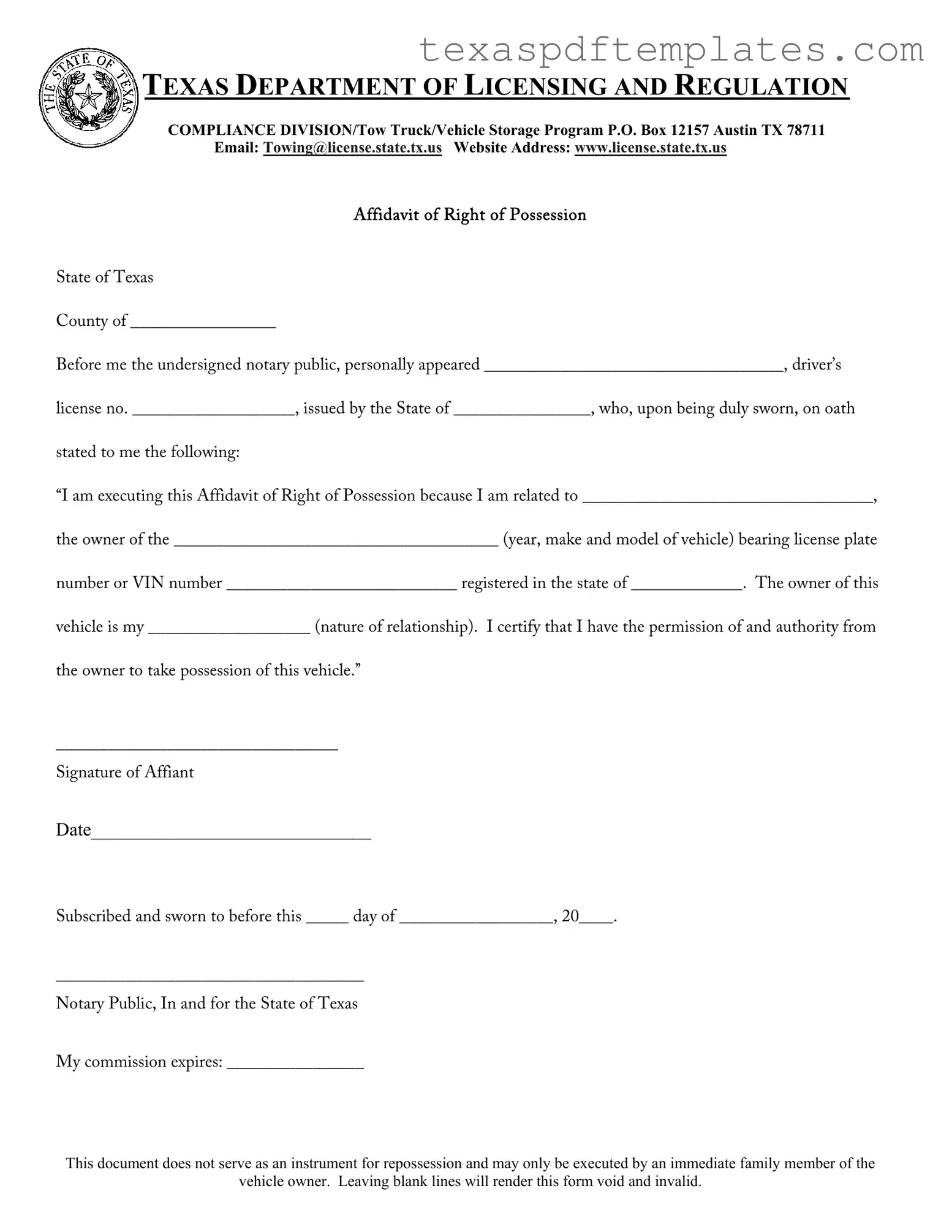 Blank Texas Possession PDF Template