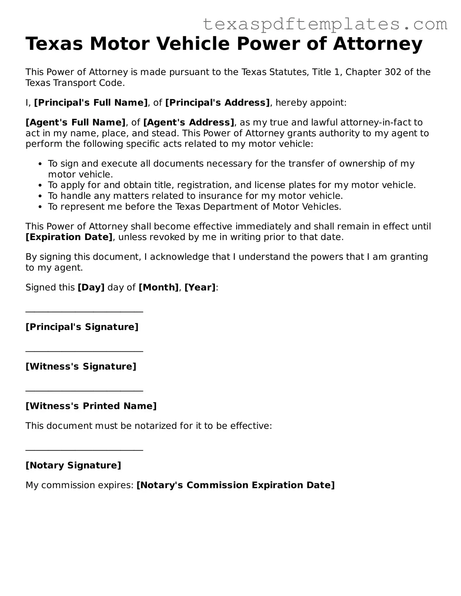 Attorney-Approved Texas Motor Vehicle Power of Attorney Template