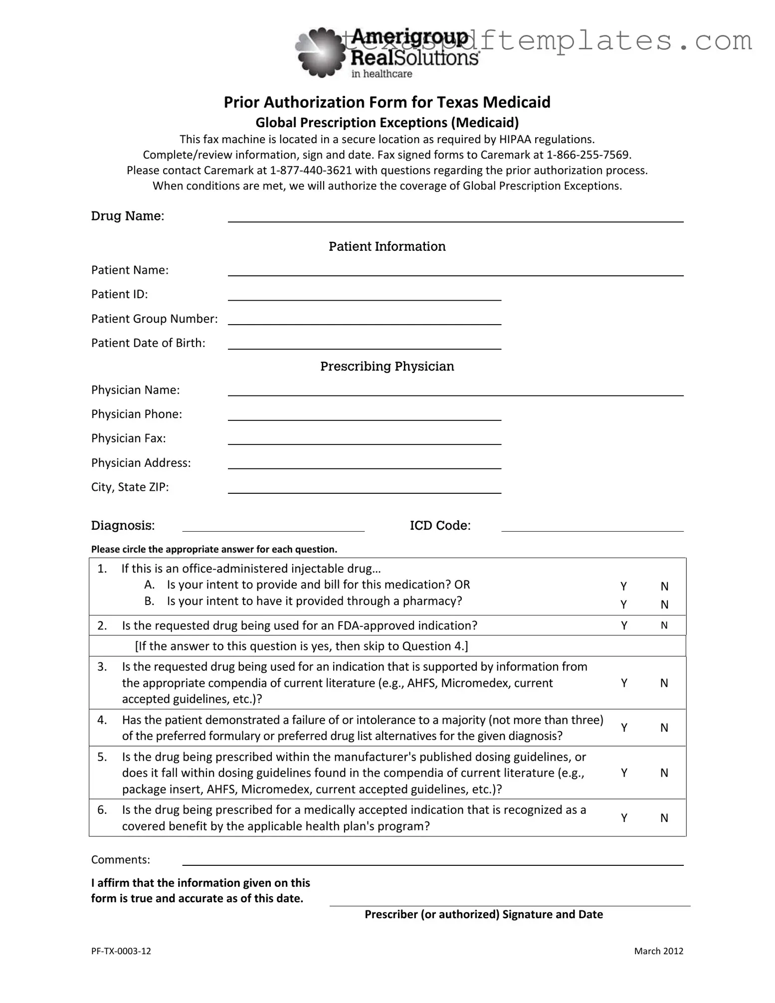 Blank Texas Pre Authorization Request PDF Template