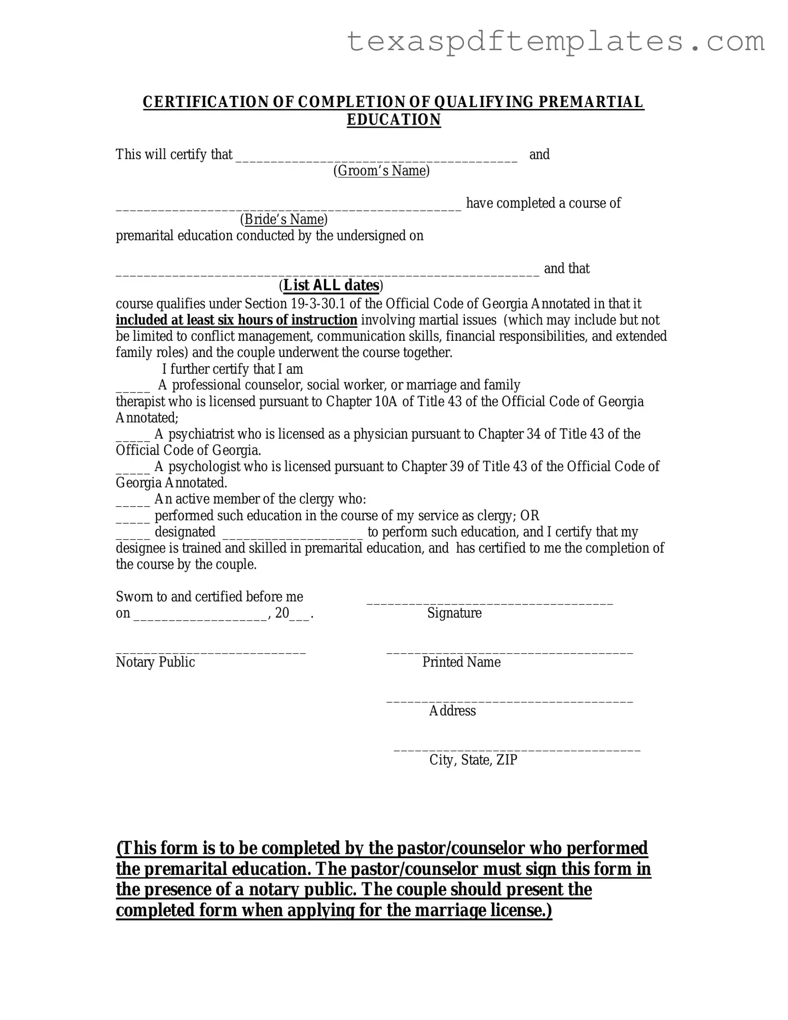 Blank Texas Premarital Course Certificate PDF Template