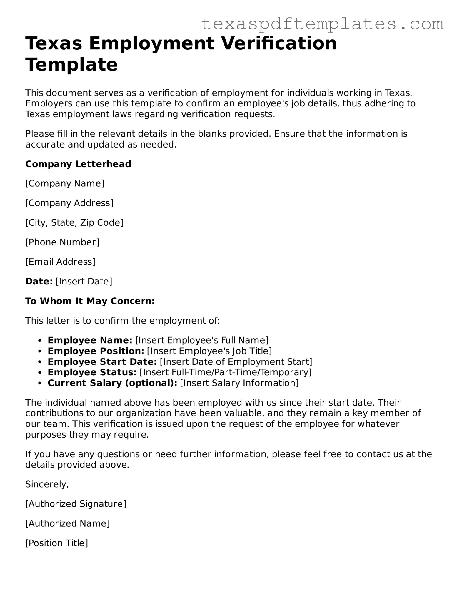 Attorney-Approved Texas Employment Verification Template