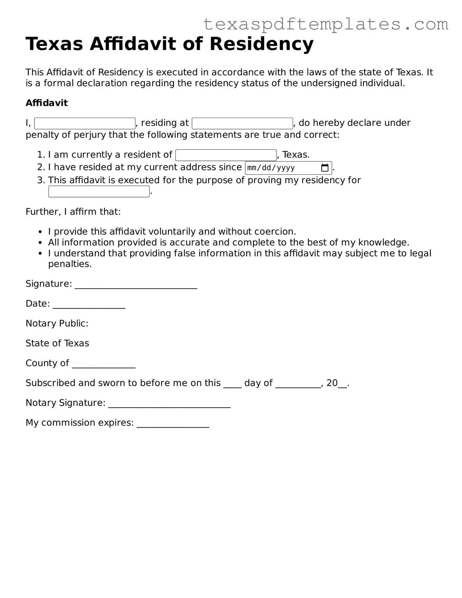 Attorney-Approved Texas Affidavit of Residency Template