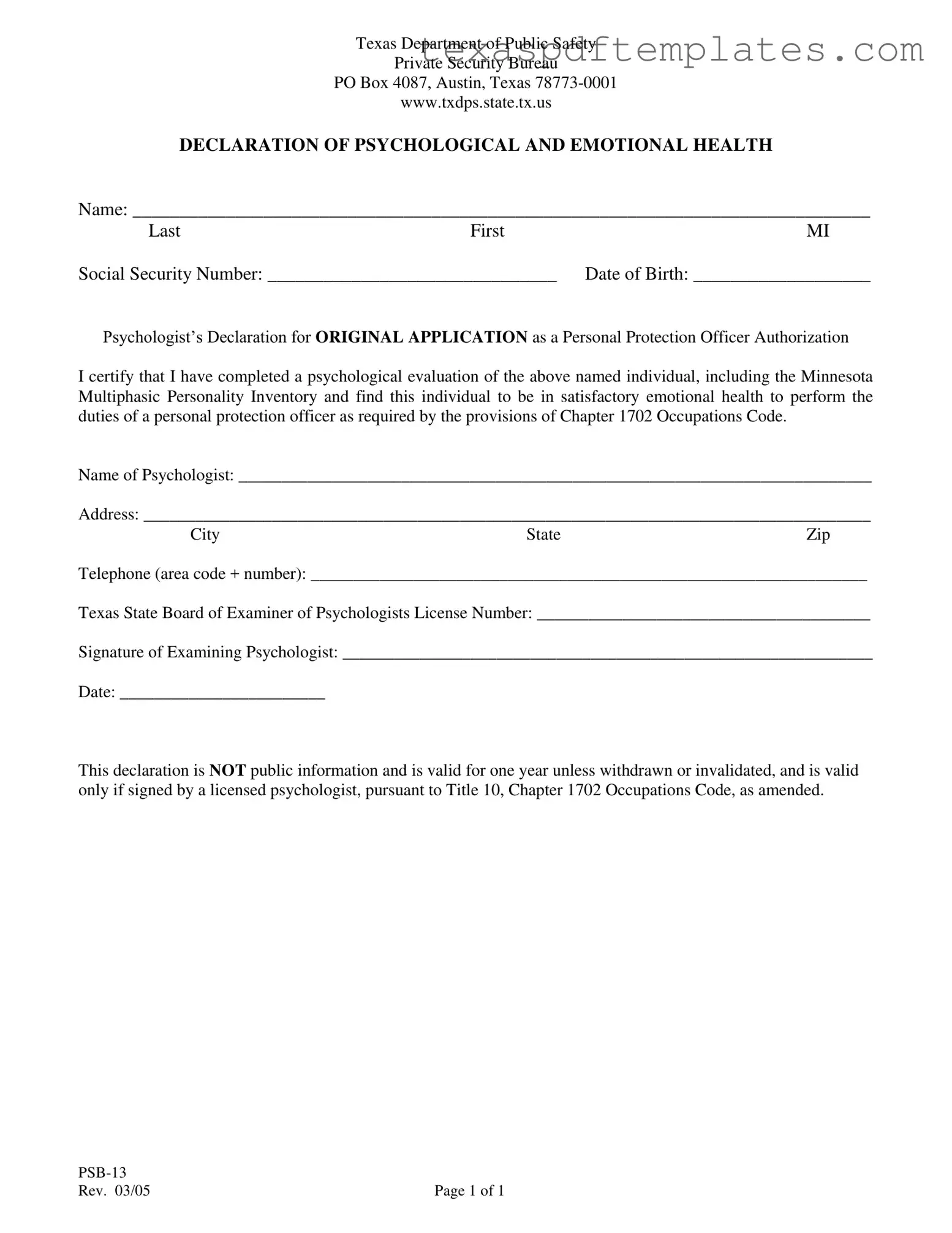Blank Texas Psb 13 PDF Template