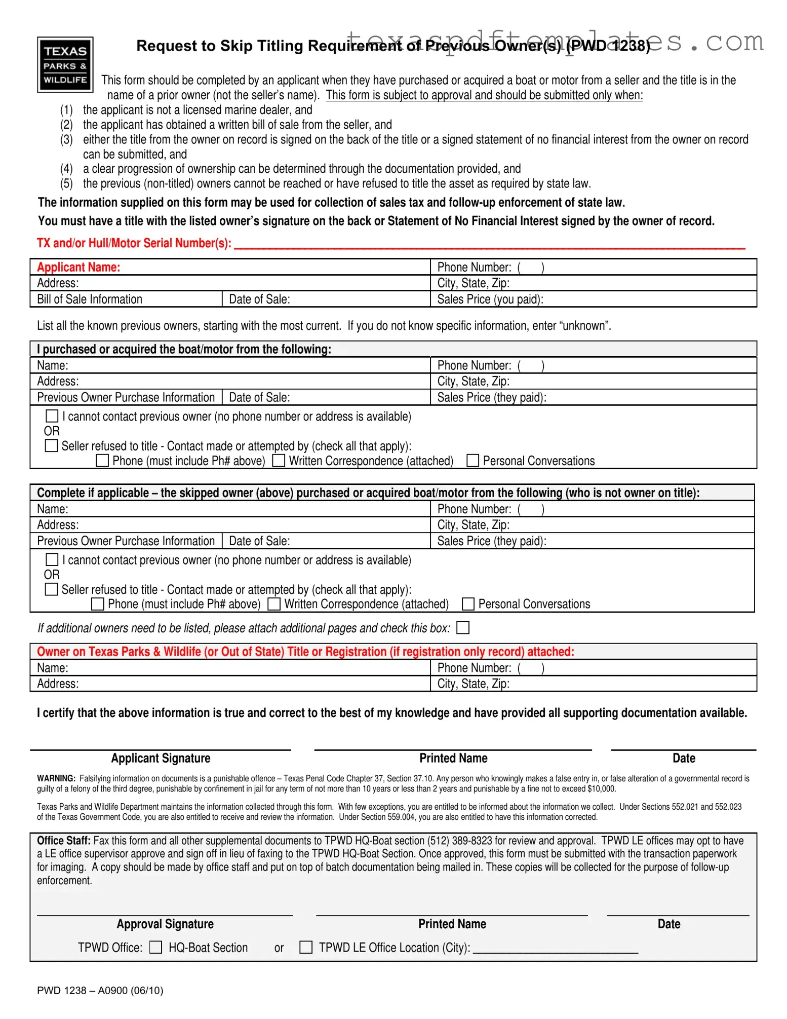Blank Texas Pwd 1238 PDF Template