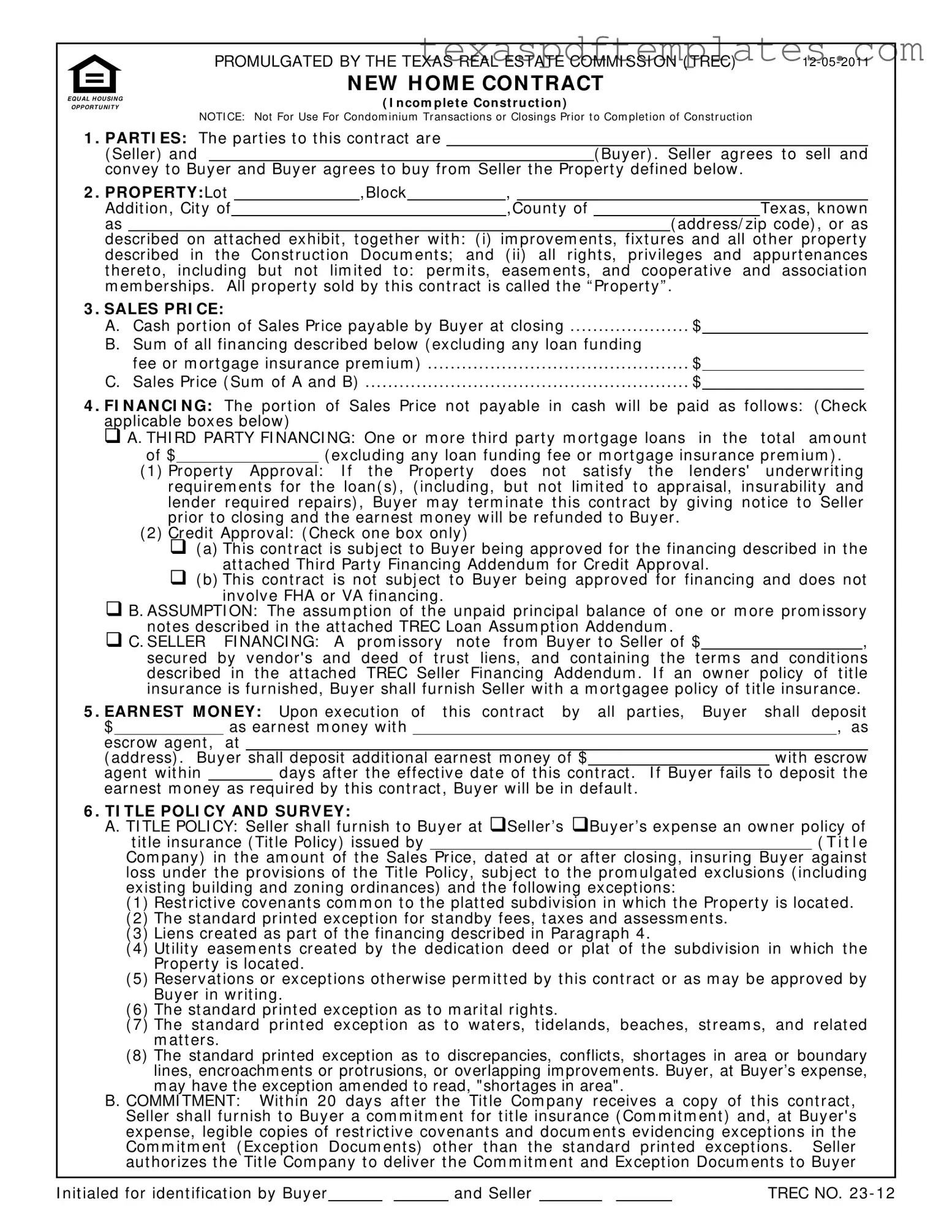 Blank Texas Real Estate Sales Contract PDF Template