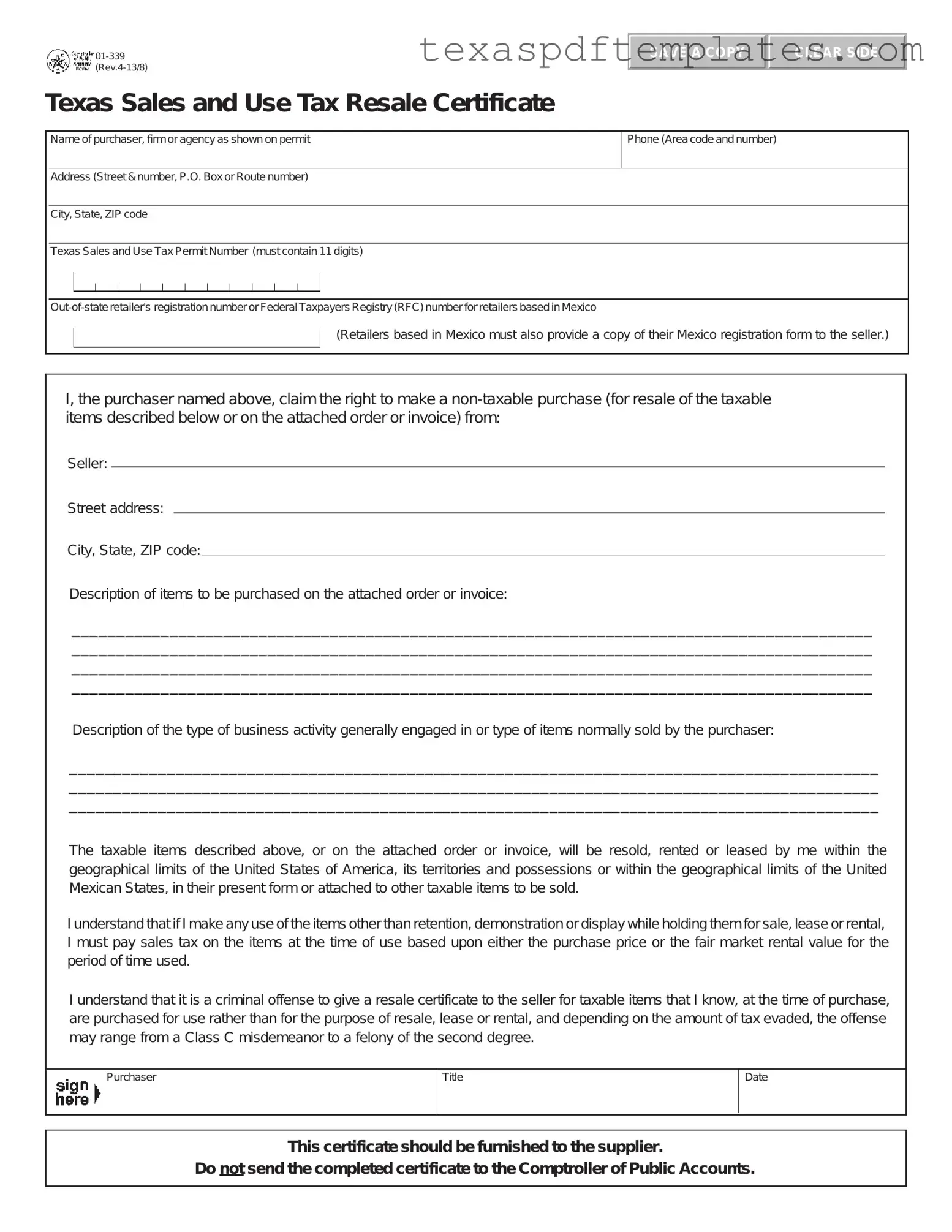 Blank Texas Resale Certificate 01 339 PDF Template