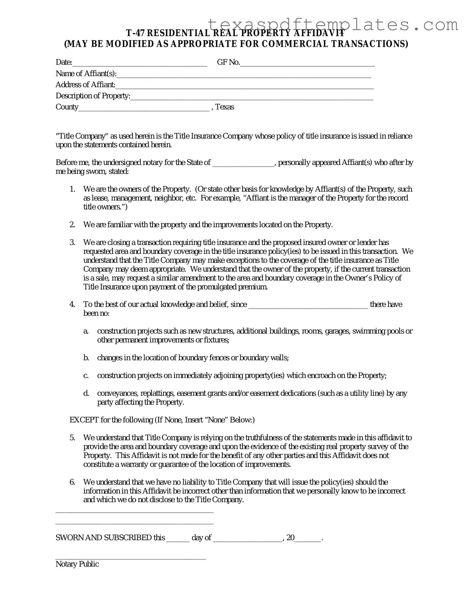 Blank Texas residential property affidavit T-47 PDF Template