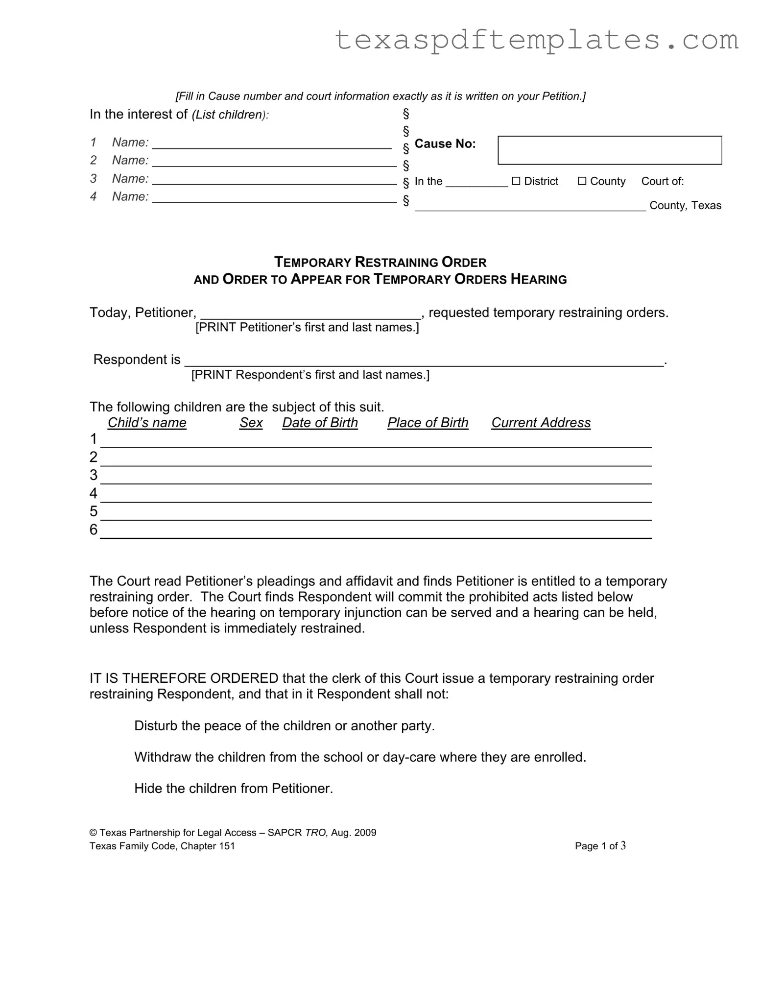 Blank Texas Temporary Restraining Order PDF Template