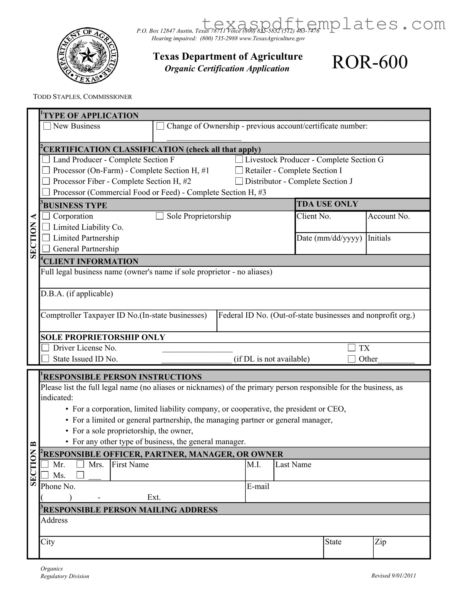 Blank Texas Ror 600 PDF Template