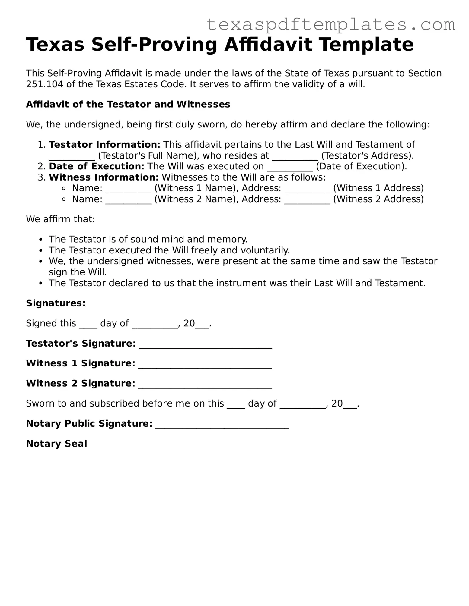 Attorney-Approved Texas Self-Proving Affidavit Template