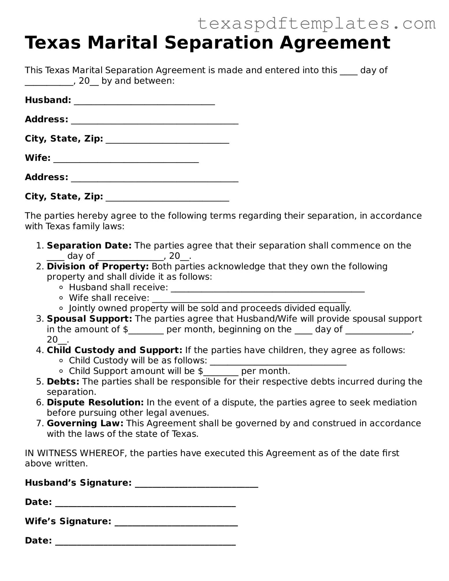 Attorney-Approved Texas Marital Separation Agreement Template