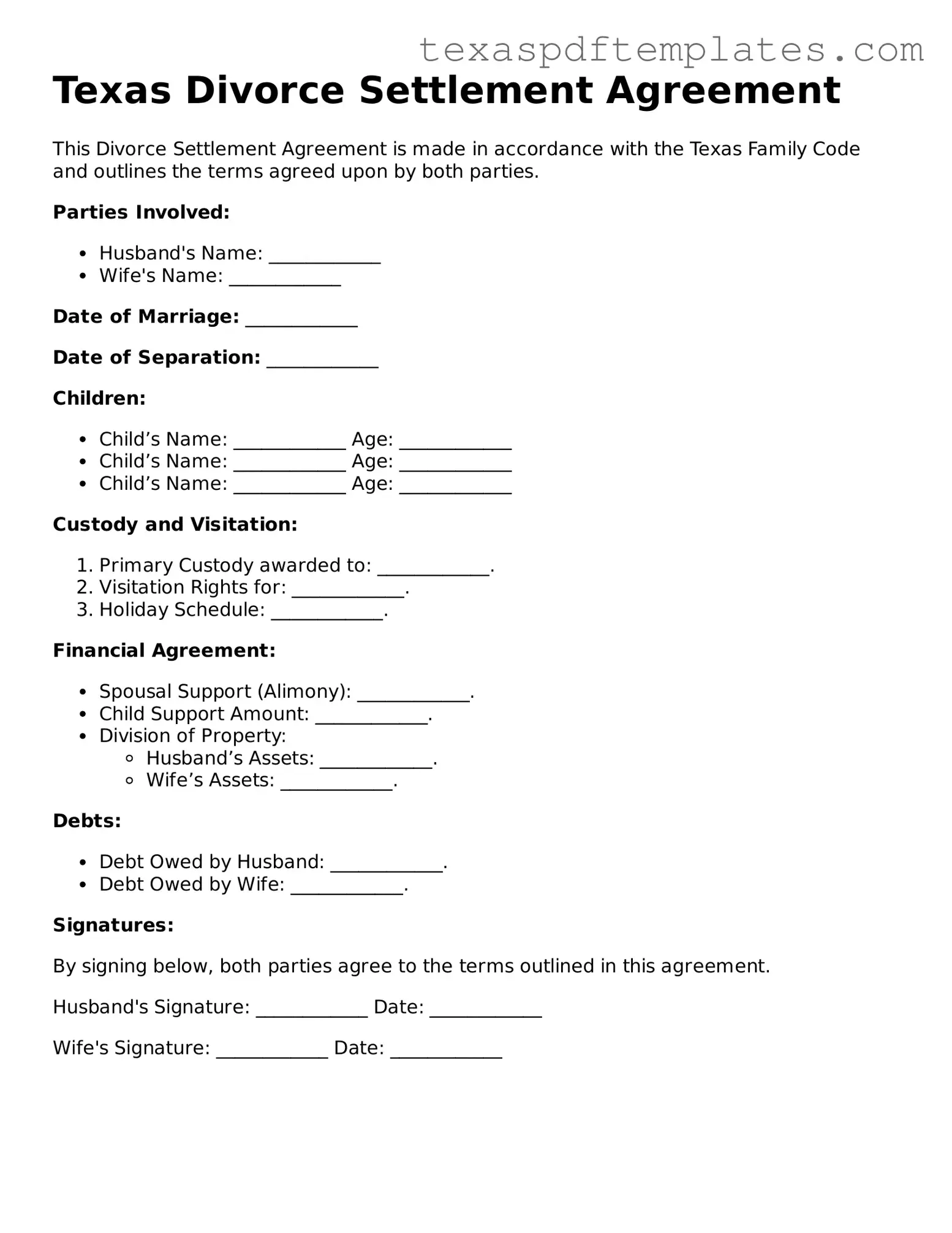 Attorney-Approved Texas Divorce Settlement Agreement Template