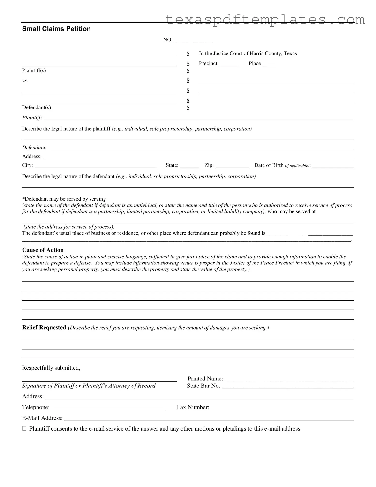 Blank Texas Small Claims PDF Template