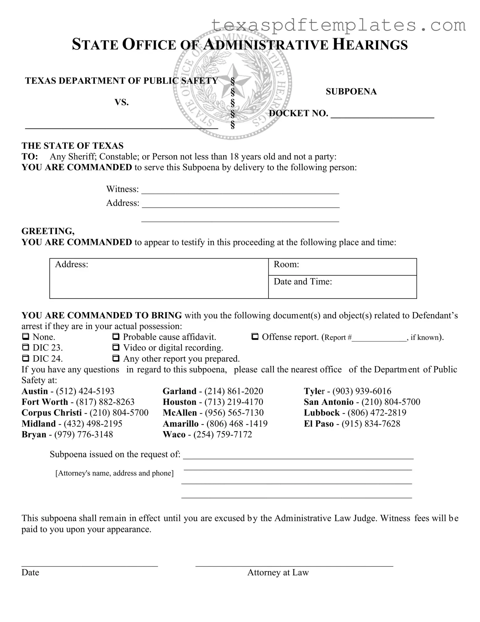 Blank Texas Subpoena PDF Template