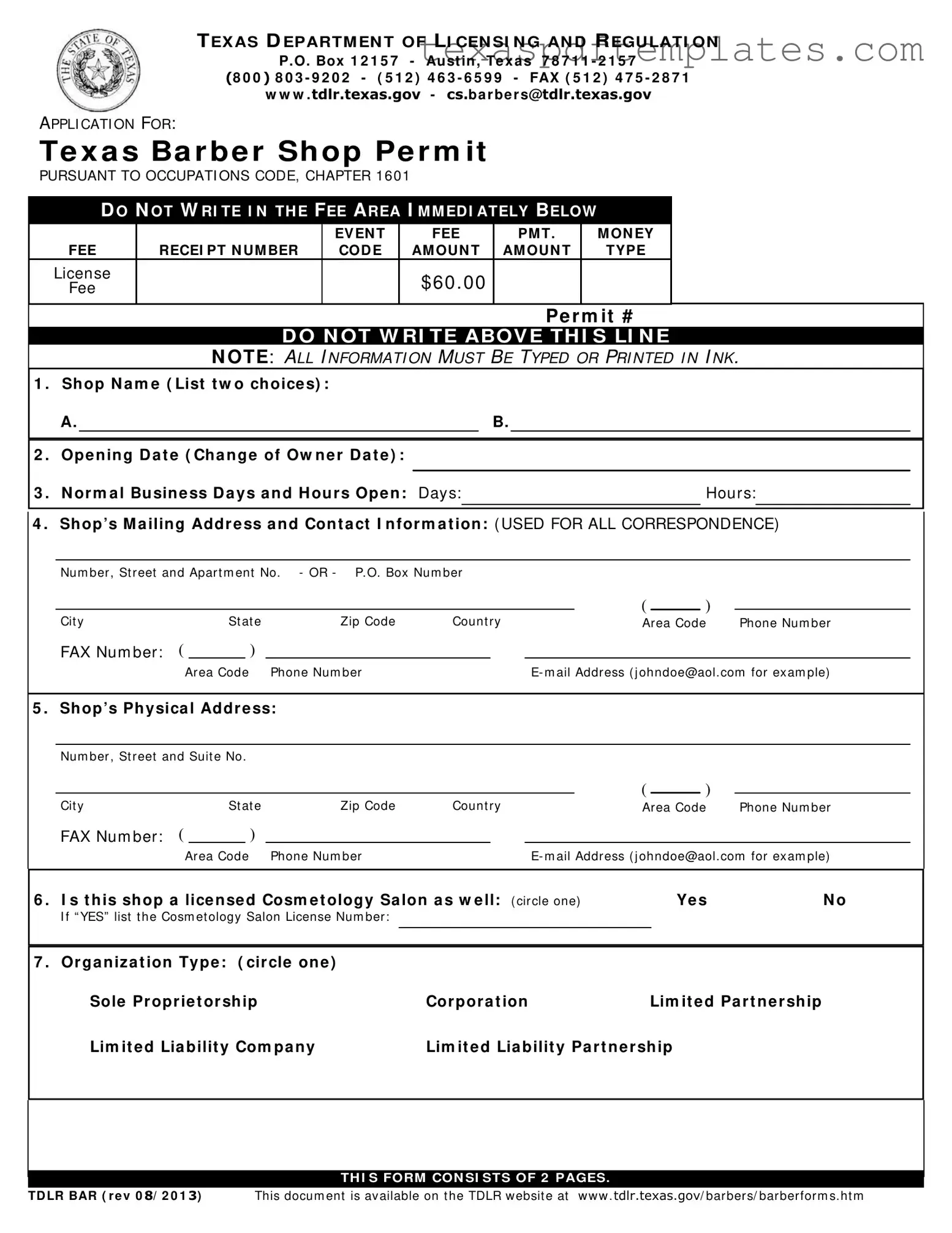 Blank Texas Tdlr Bar PDF Template