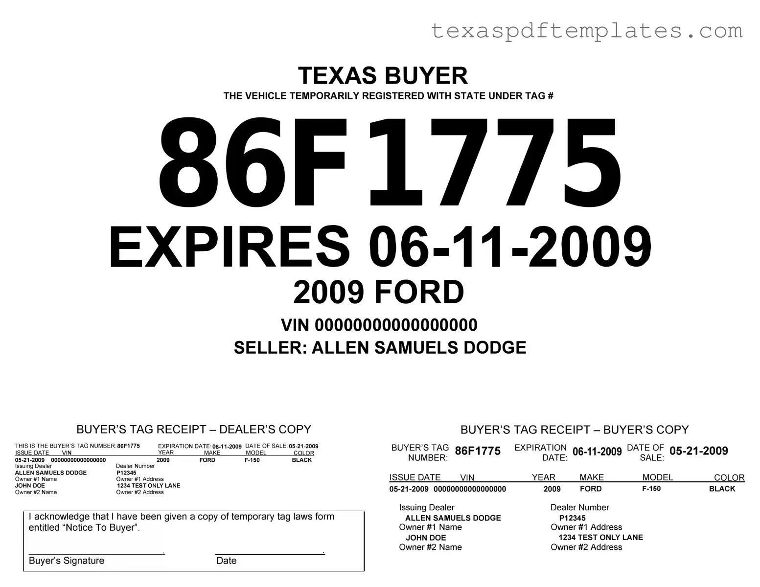 Blank Texas Temporary Tag PDF Template