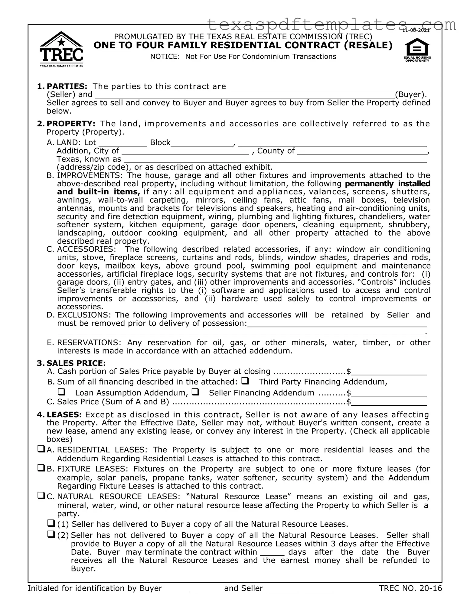 Blank Texas Trec Residential Contract PDF Template