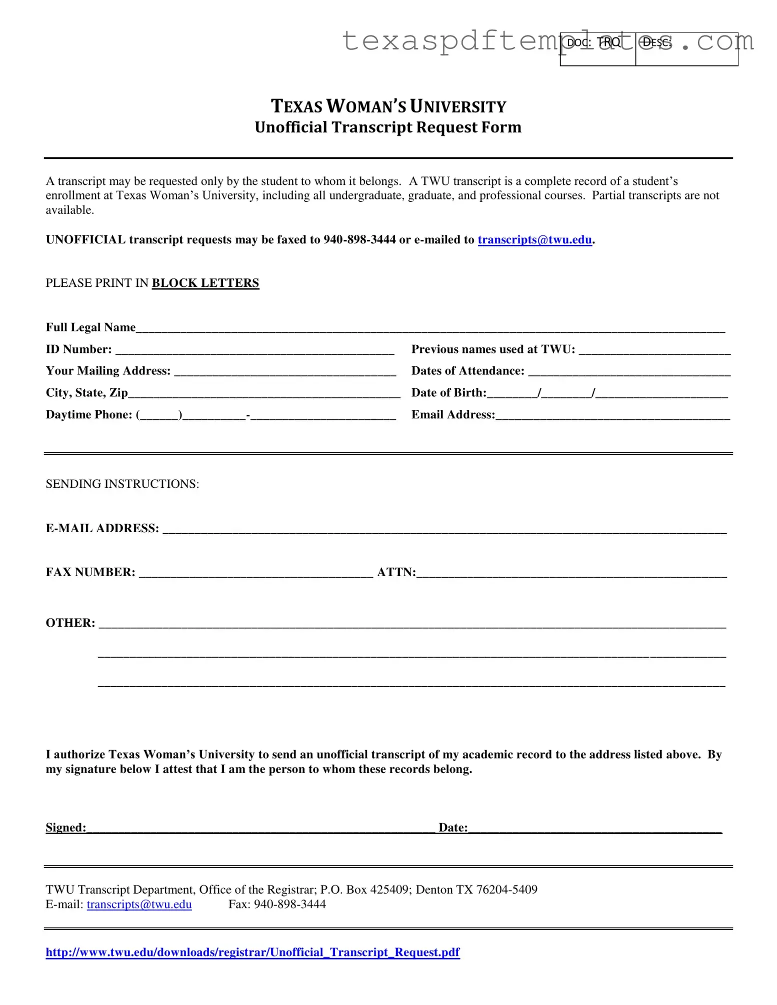Blank Texas Unofficial Transcript PDF Template