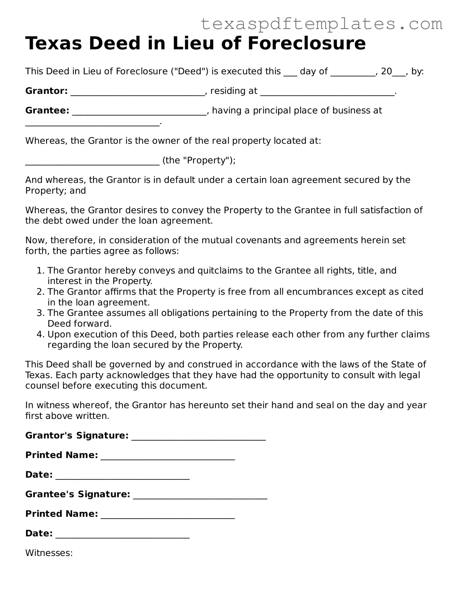 Attorney-Approved Texas Deed in Lieu of Foreclosure Template
