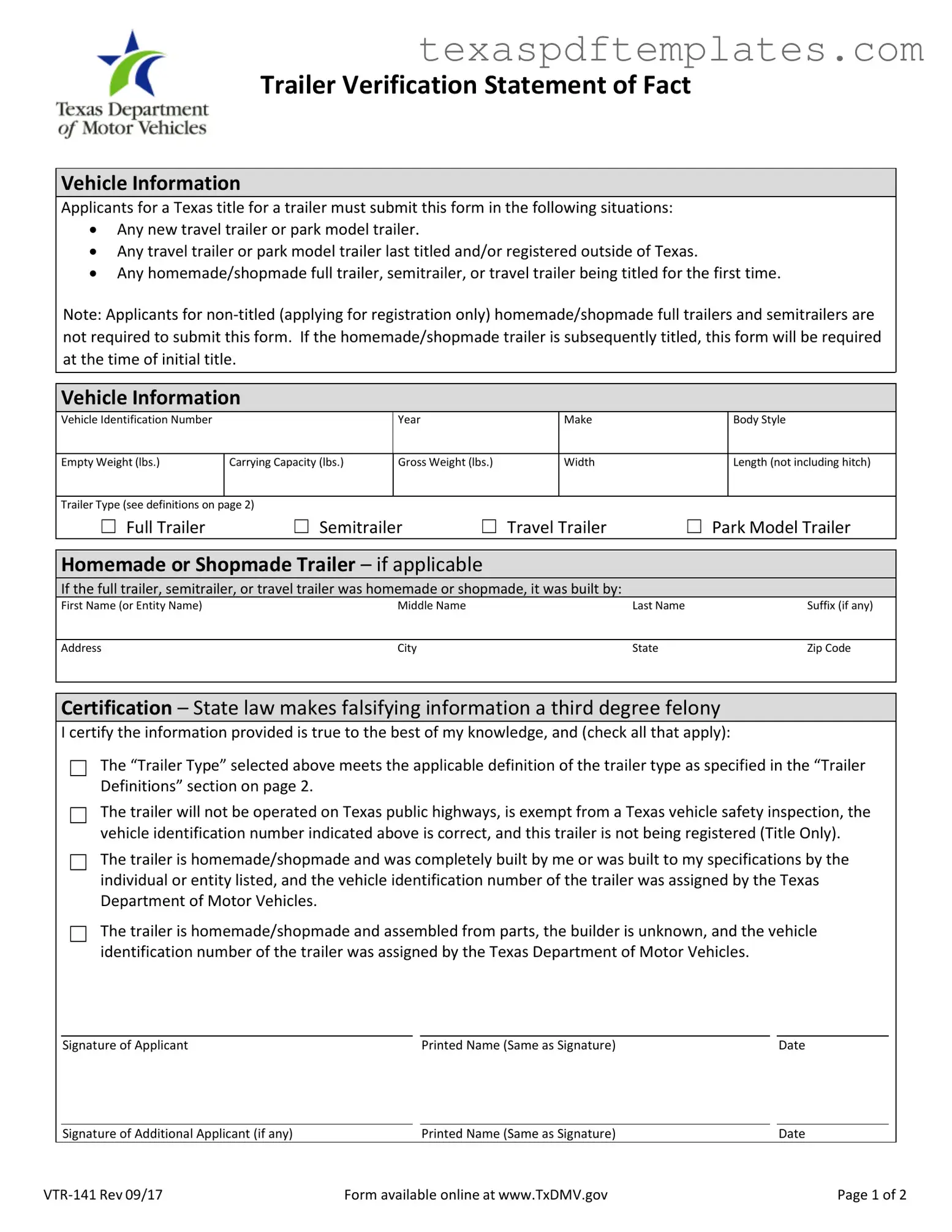 Blank Texas Vtr 141 PDF Template