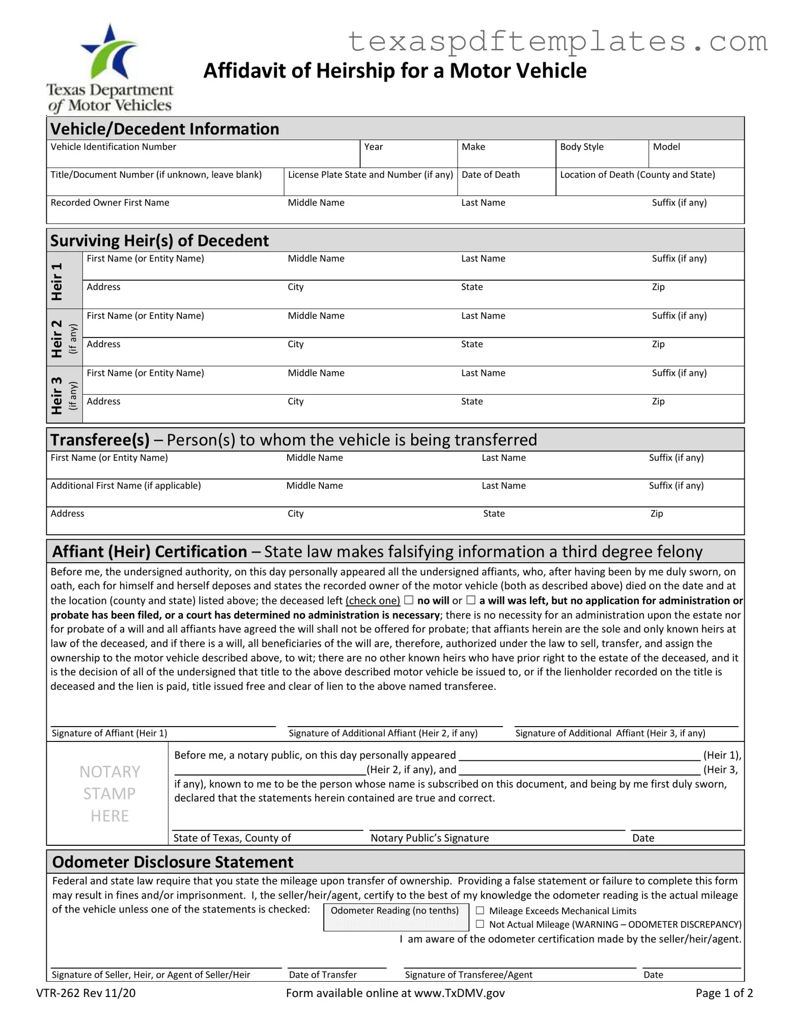 Blank Texas Vtr 262 PDF Template