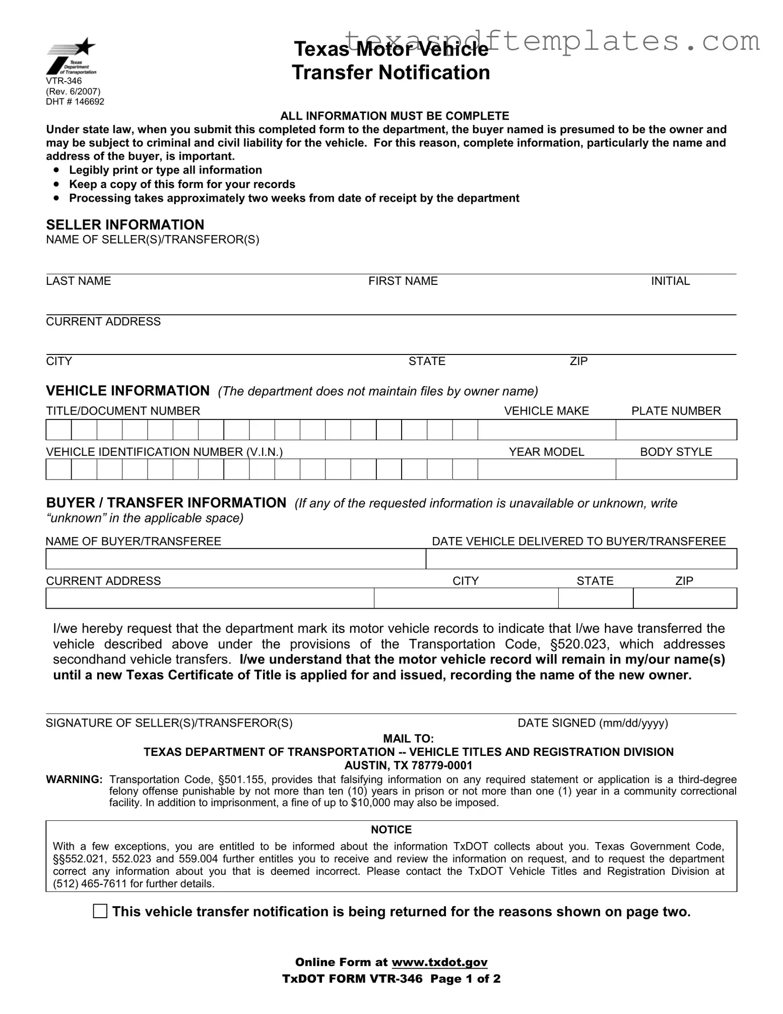 Blank Texas Vtr 346 PDF Template