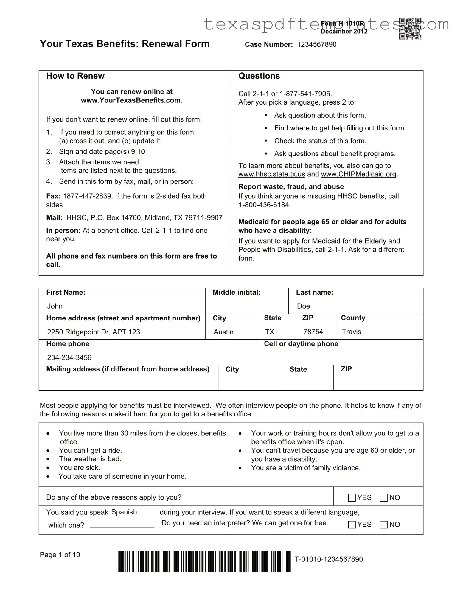 Blank Your Texas Benefits PDF Template